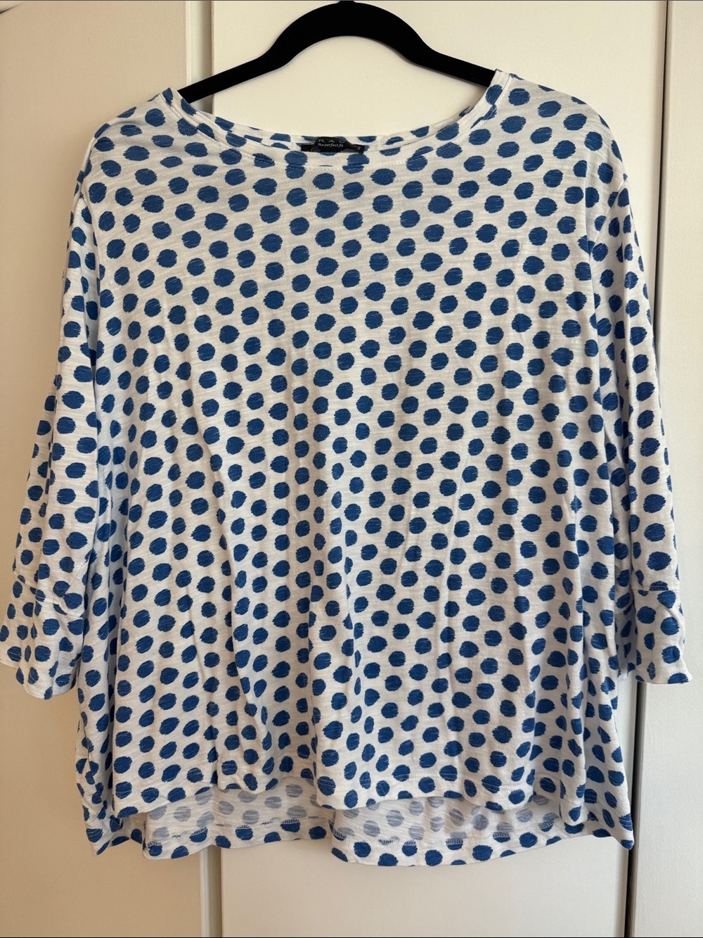 Grace White Long-Sleeve Tee with Blue Polka Dots